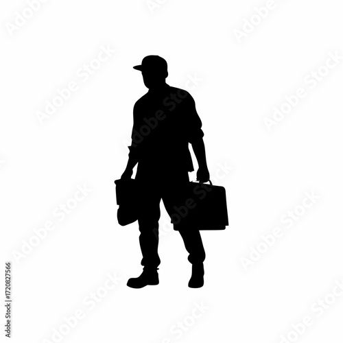 Silhouette of it worker carrying spare parts during emergency on white background silhouette
