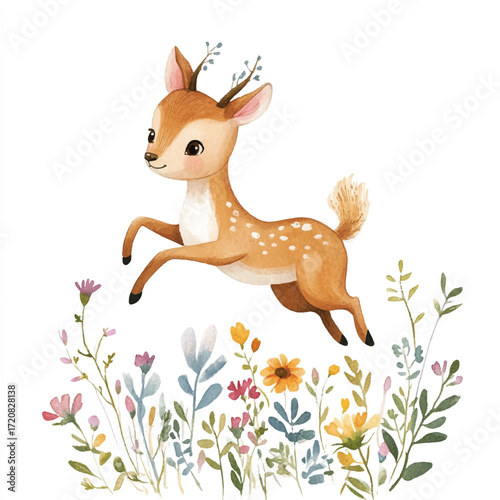 Adorable fawn leaping gracefully above vibrant wildflowers in a sunny meadow.