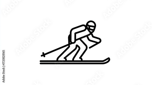 Simple line drawing of a skier in a crouched position, gliding downhill on two skis, holding ski poles