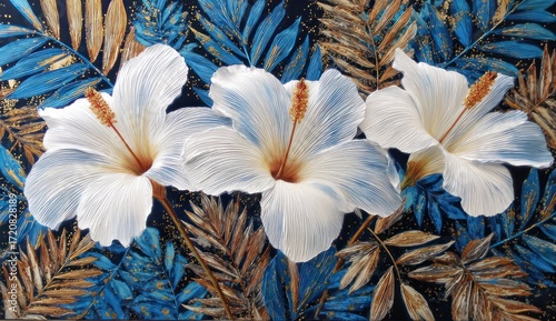 Three exquisite white hibiscus blossoms, detailed with textured petals, are set against a backdrop of dark blue tropical foliage, accented with gold.
