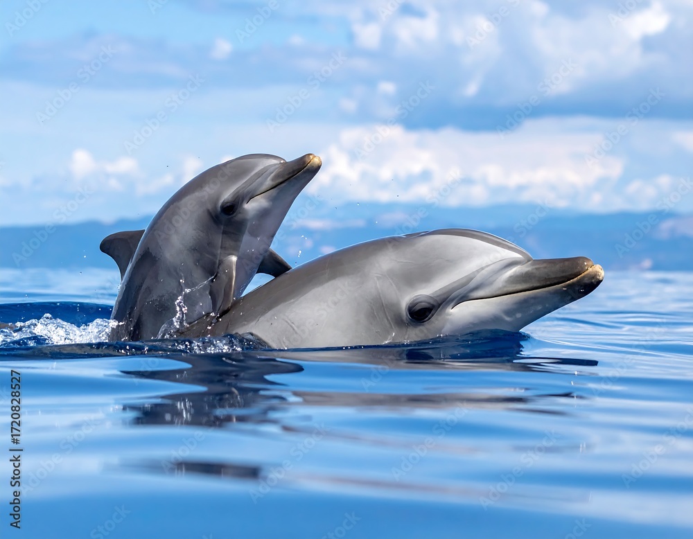 Fototapeta premium Two playful dolphins in turquoise water