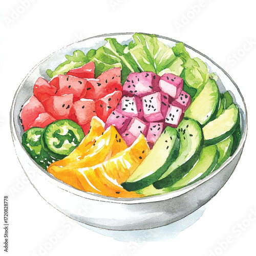 Colorful Poke Bowl with Fresh Fruits and Vegetables.