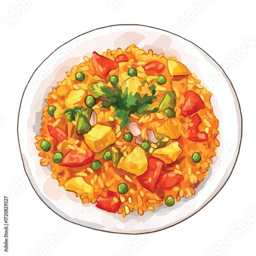 Colorful vegetable rice pilaf served on a white plate.