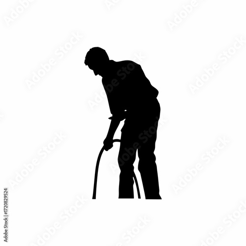 Silhouette of it worker connecting fiber optic cable on white background silhouette