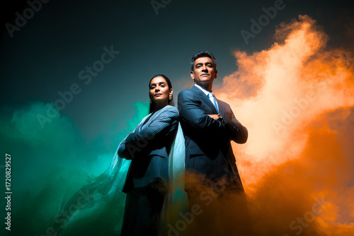 Confident Indian Business Couple in Front of National Flag with Saffron, White, and Green Trails – Patriotic Republic Day Empowerment Scene