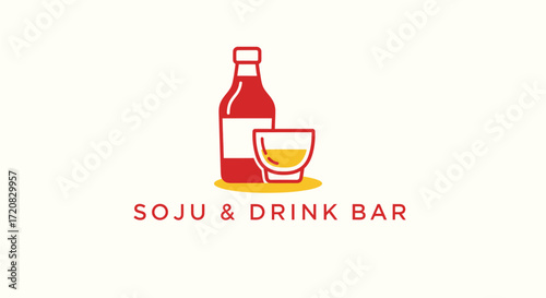 Minimalist logo for a soju and drink bar featuring a red bottle and a glass with a yellow beverage, set against a light background.