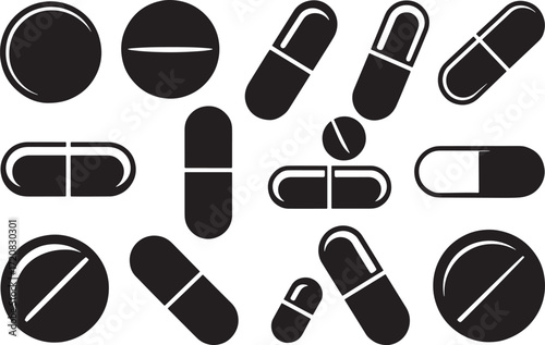 Pill and Capsule Icon Set in Black and White for Medical, Pharmaceutical and Healthcare Use
