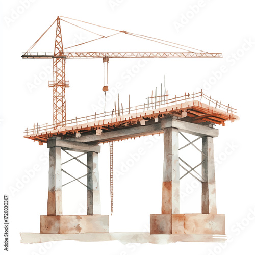 Construction site with crane and bridge under construction.
