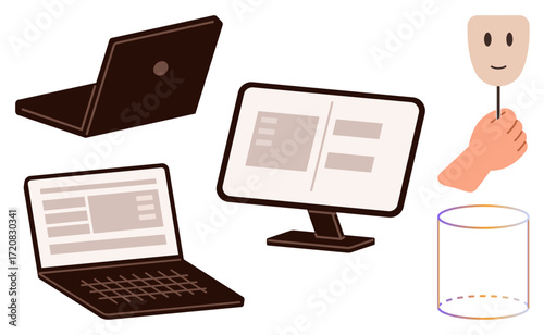Laptops, desktop monitor with interface, hand holding a smiling mask, and a cylinder for data. Ideal for identity, cybersecurity, technology, anonymity, digital interaction data social media