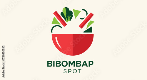 A minimalist logo for a restaurant named Bibombap Spot, featuring a red bowl filled with colorful ingredients like vegetables and rice.