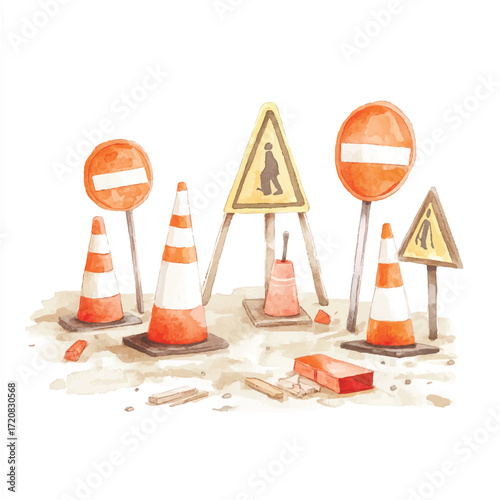 Construction site with traffic cones and warning signs.