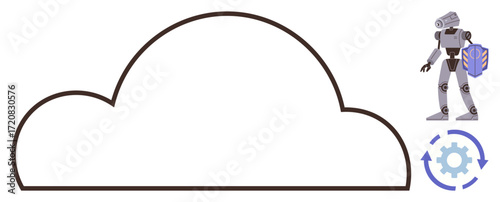 Large cloud shape alongside a robot holding a shield, purple gear cycle icon. Ideal for technology, cloud security, automation, AI, data safety, internet network management. Modern flat metaphor