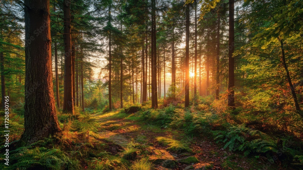 Fototapeta premium Bright rays of sunlight illuminate a tranquil forest path as greenery and ferns adorn the ground. The warm glow enhances the beauty of the towering trees during golden hour.