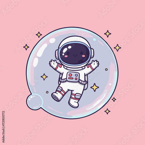 A cute cartoon astronaut floats happily inside a transparent bubble, surrounded by sparkling stars against a soft pink background, conveying a sense of wonde...