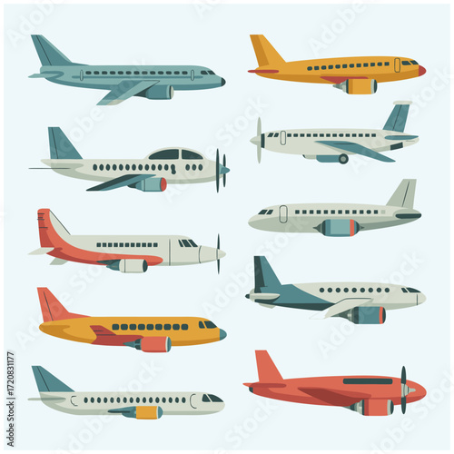 Airplane collection flying aircraft vehicle air transport flat vector illustration