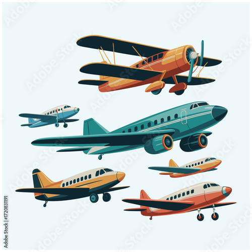 Airplane collection flying aircraft vehicle air transport flat vector illustration