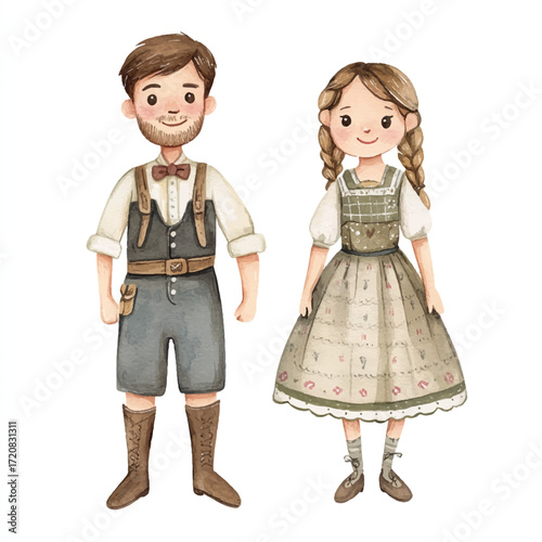 Couple in Traditional Bavarian Clothing Watercolor Illustration.