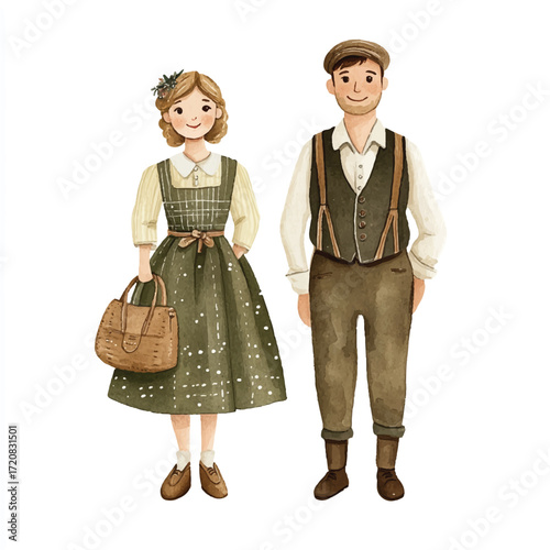 Couple in Traditional Folk Costumes Standing Together.