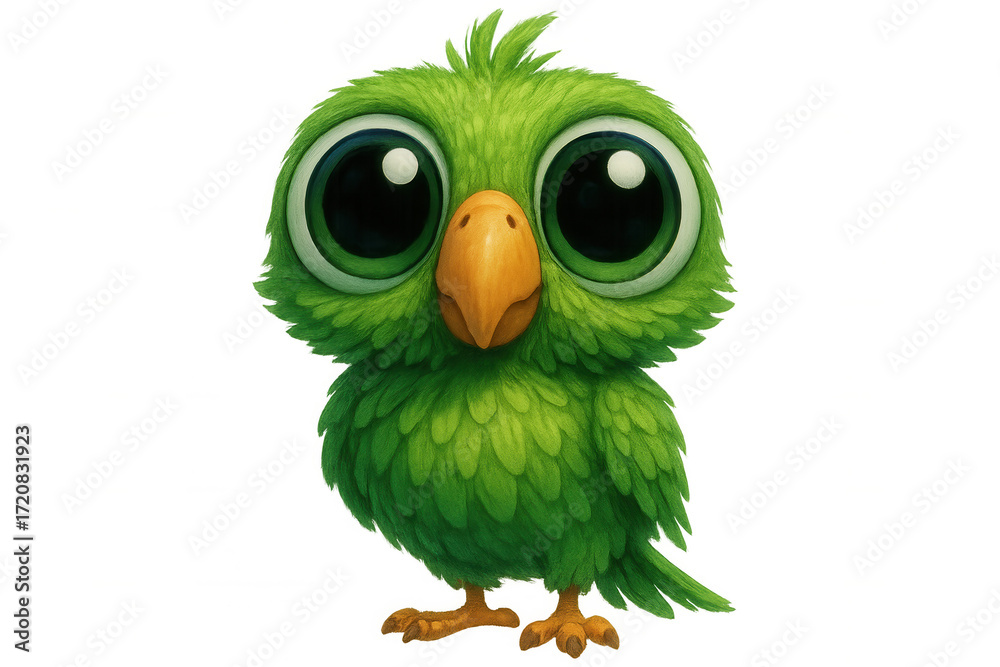 Obraz premium Green baby bird illustration with big captivating eyes, a friendly and cute cartoon character mascot, transparent background