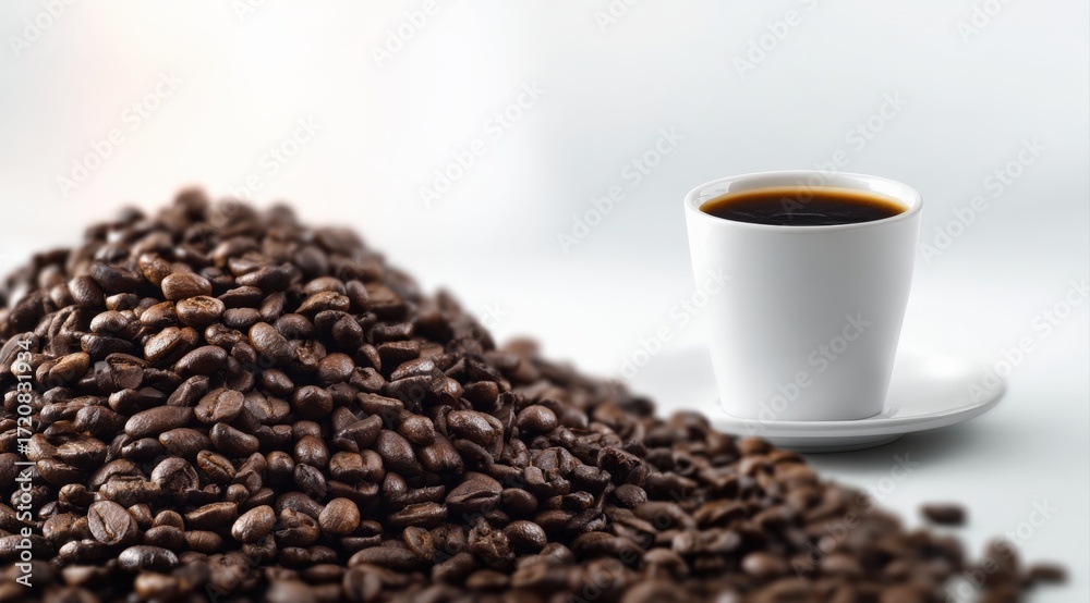 Fototapeta premium Coffee beans forming a large pile beside a white cup filled with hot espresso coffee, ready for drinking