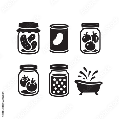 Collection of six silhouette icons featuring preserved foods and a bathtub with splashing water