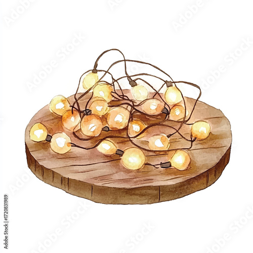 Cozy illuminated garland of light bulbs on a rustic wood slab.