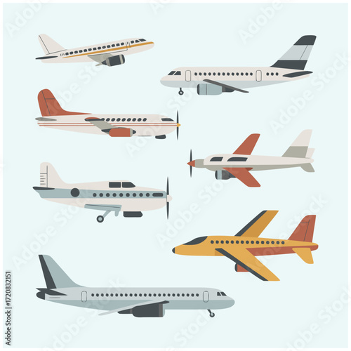 Airplane collection flying aircraft vehicle air transport flat vector illustration