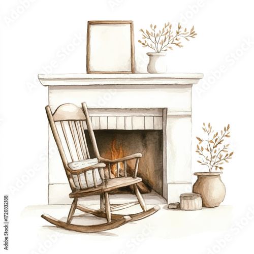 Cozy watercolor illustration of a rocking chair by a fireplace with decorative elements.