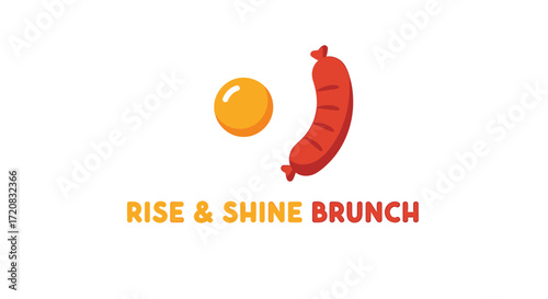 Minimalist logo design featuring a bright yellow egg yolk and a red sausage, with the text 'Rise & Shine Brunch' below, on a white background.