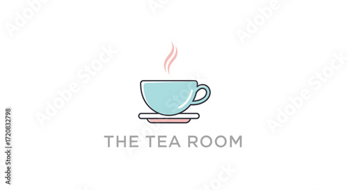 A minimalist logo for 'The Tea Room' featuring a light blue teacup with steam on a pink saucer.