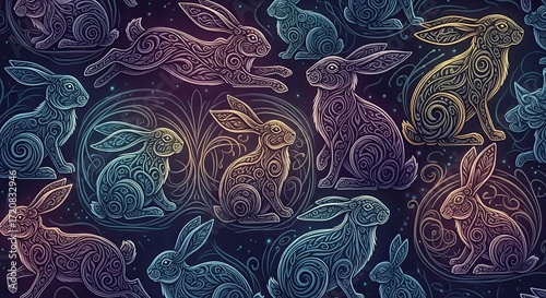 Whimsical Easter Bunny Pattern with Ornate Floral Designs