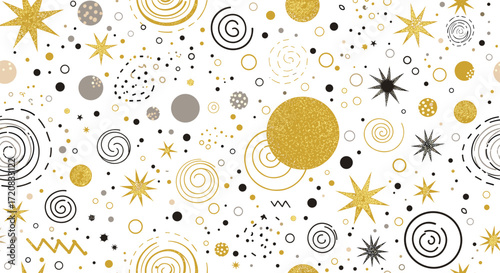 A festive abstract pattern featuring gold and silver sparkling stars circles and dots in a playful arrangement on a white background.