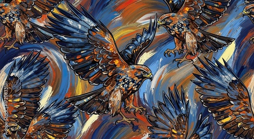 Dynamic Abstract Painting of Flying Hawks with Brushstrokes