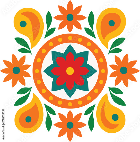 Vibrant Folk Art Mandala With Floral Pattern And Bold Geometric Design