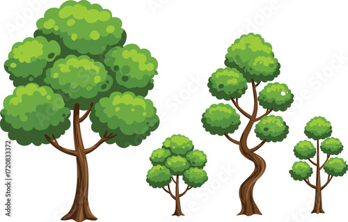 Cartoon green trees illustration collection, forest plants with leafy foliage, natural environment design set, eco friendly landscape seasonal tree elements