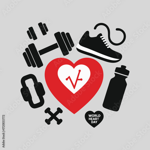 Heart Health Vector Set for World Heart Day – Red Heart Symbols, EKG Pulse Lines, Doctors, Nurses, Heart Shield, Family Care, Heart Disease Prevention, Medical and Fitness Icons