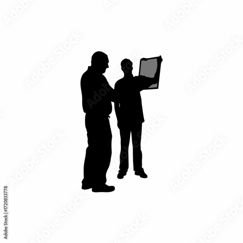 Senior it technician teaching junior staff with whiteboard silhouette