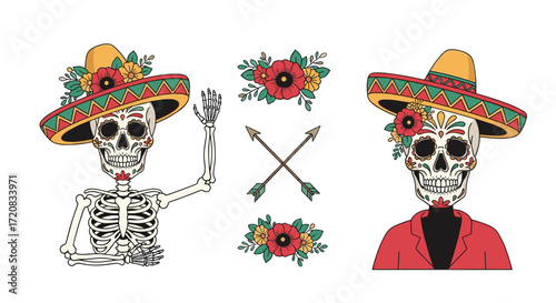Day of the dead skeleton couple wearing traditional sombreros and floral decorations celebrate the holiday.