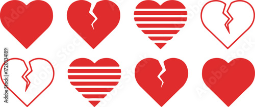 Illustration of collection of red hearts, some broken, isolated on white background