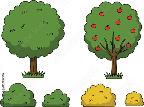 Cartoon apple tree with fruits, green tree and colorful bushes, vector illustration for garden, nature, farming, harvest, landscape design