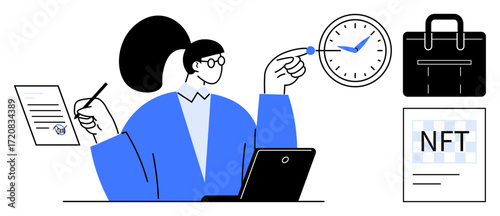 Person working on a laptop while balancing tasks, represented by a clock, briefcase, contract, and NFT document. Ideal for productivity, time management, organization, business digital assets
