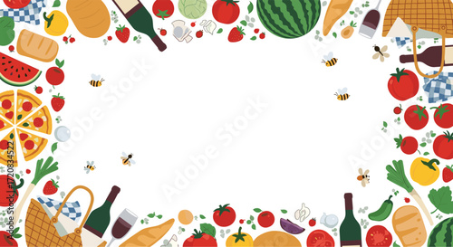 A delightful summer picnic filled with fresh fruits vegetables and buzzing bees.