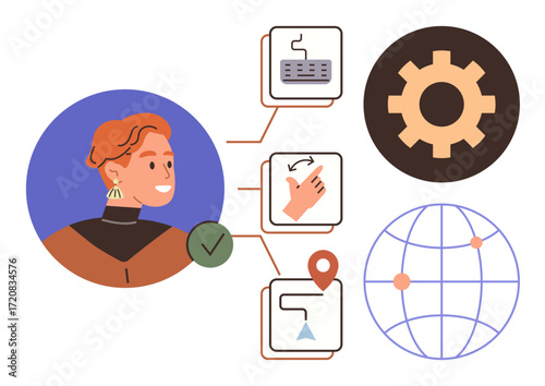 Person with linked icons of a keyboard, thumbs-up, location marker, gear, and globe. Ideal for task tracking, online learning, teamwork, productivity automation tech integration simple flat