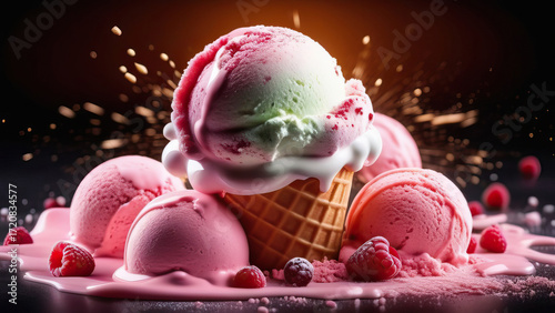 Ice cream cone pink white swirl dessert background advertising