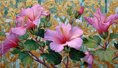 Delicate pink hibiscus blossoms, intricate gold filigree, and a teal background create a stunning floral art piece.