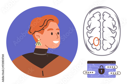 Profile of a smiling person with highlighted brain section and digital data lock, combining science and tech themes. Ideal for neuroscience, privacy, AI, personality, cognition, innovation