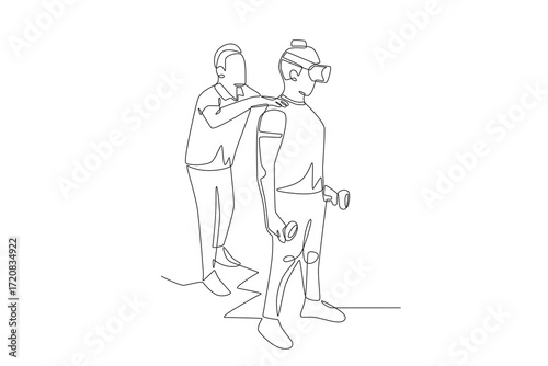 Friends playing at a vr center concept one-line drawing