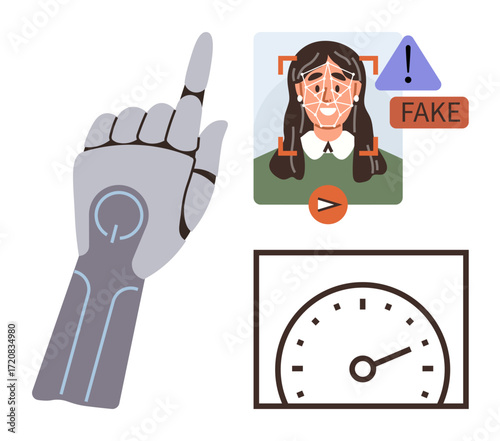 Robotic hand pointing to facial recognition alert identifying fake identity. Gauge indicating analysis progress. Ideal for AI inspection, cybersecurity, biometrics, media verification, fake