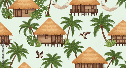 Tropical island bungalows with palm trees and flying birds creating a vibrant pattern.