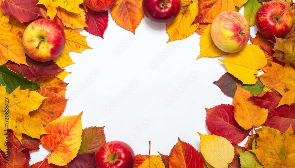 Fototapeta premium autumn leaves and apples：autumn leaves frame